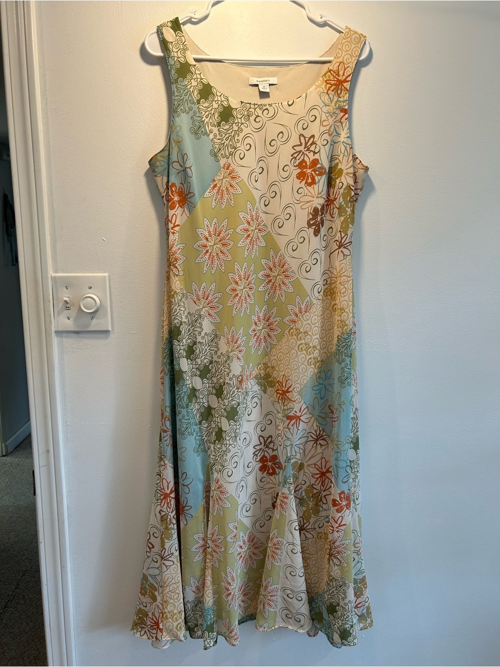 Dress Barn Sleeveless Floral Patchwork Maxi Dress in Green and Cream